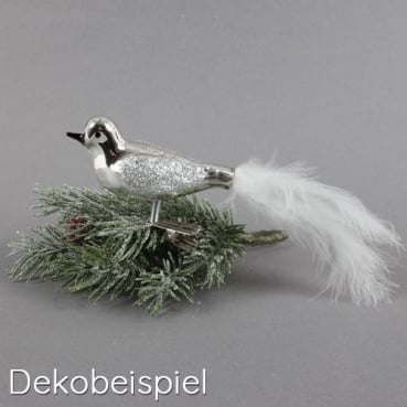 Deko Vogel mit Clip und Federschwanz, in Silber mit Glitzer, 80 mm, Adventskranz basteln