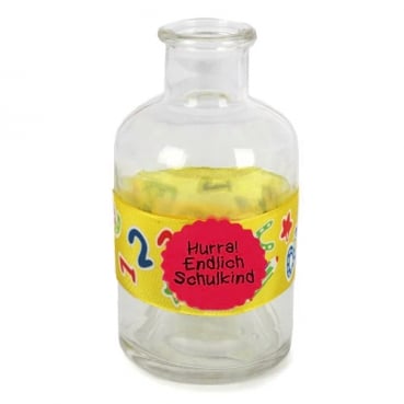 Glas Flaschen Väschen Einschulung, Band, Button in Gelb/Rot, 12 cm