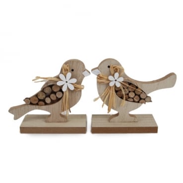 Holz Vogelpaar in Hellbraun/Weiß,  14 cm