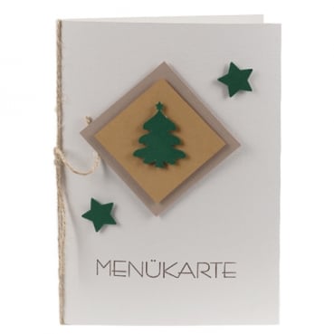 Menükarte Weihnachten, Tannenbaum, Sterne, in Silbergrau/Dunkelgrün