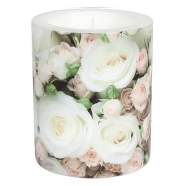 Große Lampion Stumpenkerze Hochzeit, Romantische Rosen in Weiß, 12 cm, 60 h Brenndauer