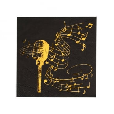 20er Pack Cocktail Servietten Musik, Noten, Mikrofon in Schwarz/Gold metallic, 25 x 25 cm