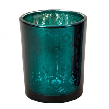Teelichtglas Ornamente in Smaragdgrün verspiegelt, 67 mm