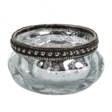 Teelichtglas Vintage in Silber verspiegelt mit Metallrand in Antik-Silber, 60 mm