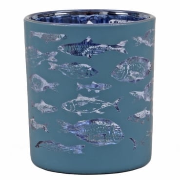 Teelichtglas Maritim, Fische in Blau/innen verspiegelt, 78 mm