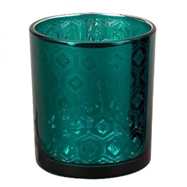 Teelichtglas, Windlicht Ornamente in Smaragdgrün verspiegelt, 80 mm