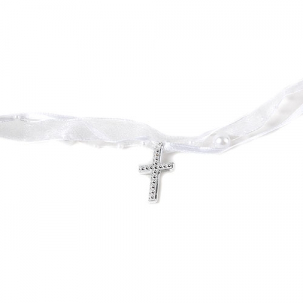 5 Meter Trendy Band mit Perlen und Kreuzen in Weiß/Silber.