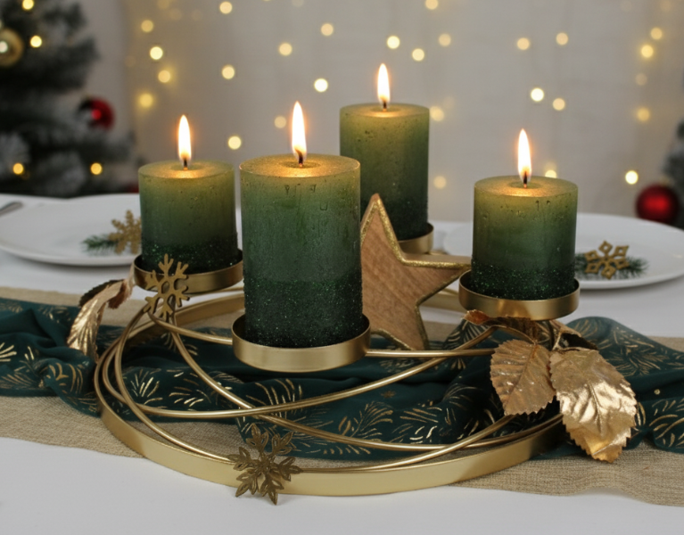 Adventskranz in Gold mit grünen Glitzer-Kerzen