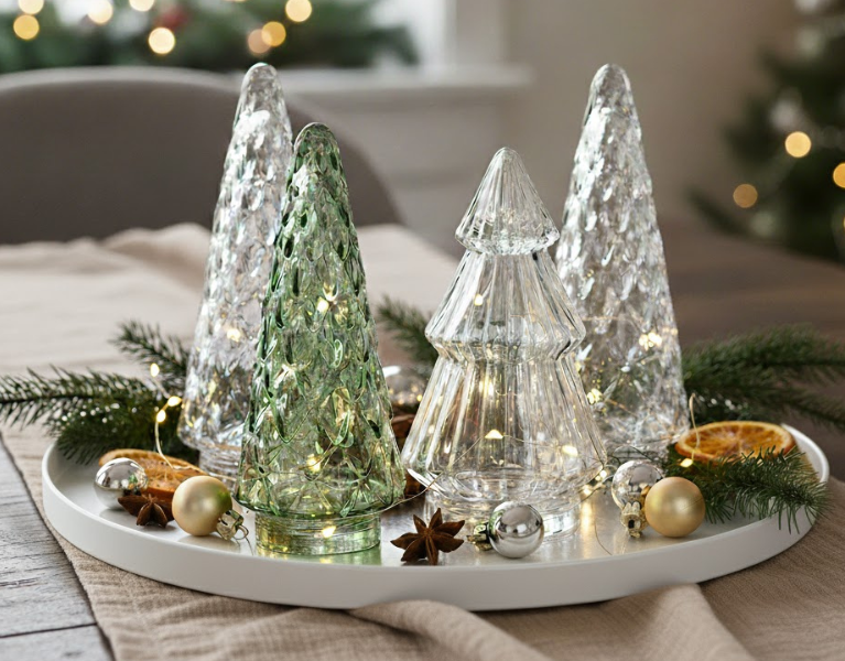 Weißes Tablett mit Glastannenbäumen ausdekoriert für Weihnachten