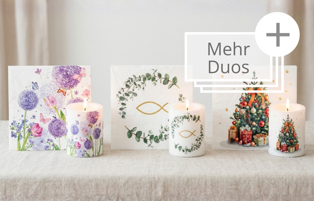 Passende Sets aus Motiv-Tischkerzen und Servietten für verschiedene Anlässe wie Frühling, Kommunion und Weihnachten.