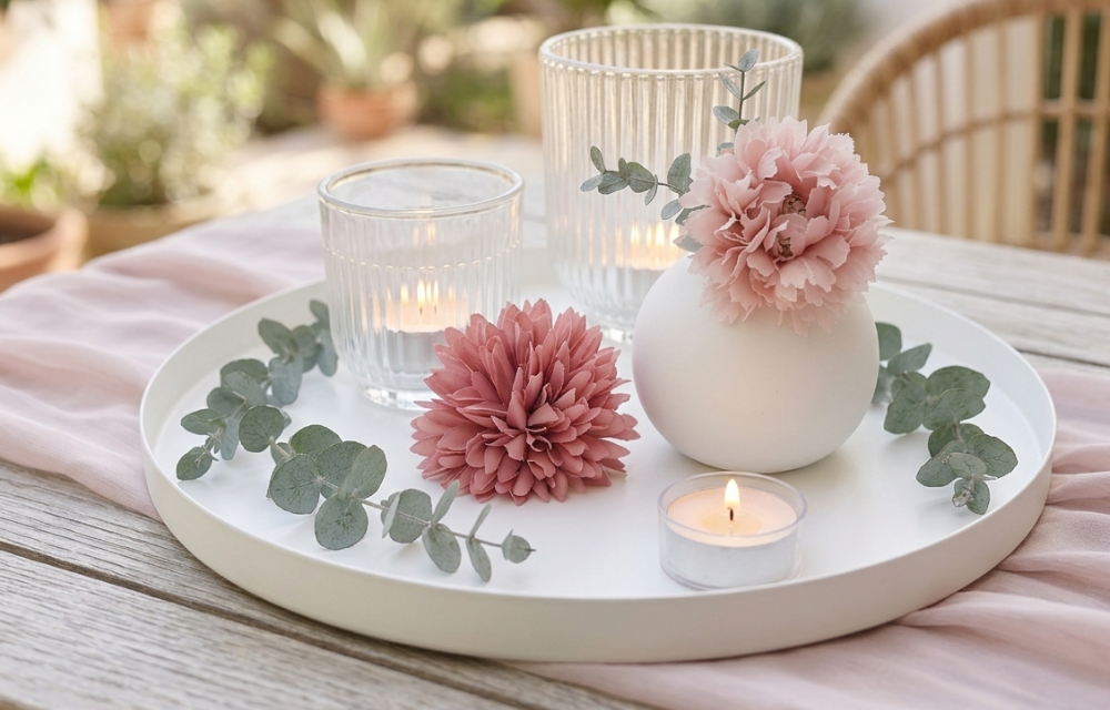 Kranz aus Eukalyptus mit Blümchen verziert auf einem Esszimmertisch.