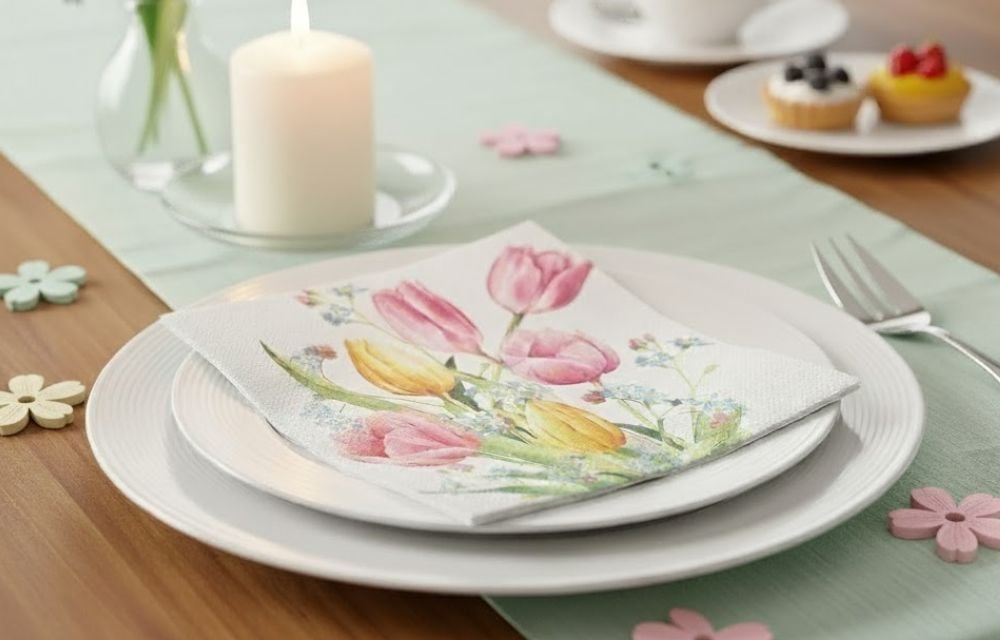 Elegante Tischdekoration für den Frühling mit einer Serviette, die rosa und gelbe Tulpen zeigt, neben einer weißen Kerze.