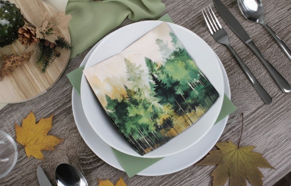 Herbstlich gedeckter Holztisch mit grüner Serviette, Tellern, Besteck, herbstlicher Deko und Blättern in warmen Naturtönen.