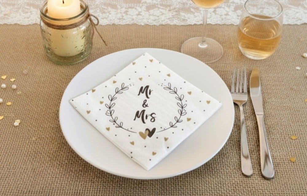 Hochzeits-Tischdekoration: Jute-Tischdecke mit Spitzenläufer, Serviette 