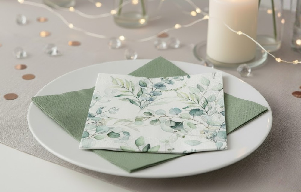 Moderne Tischdekoration zur Jugendweihe mit einer Serviette, die ein Eukalyptus-Blattmuster auf grünem Tuch zeigt.