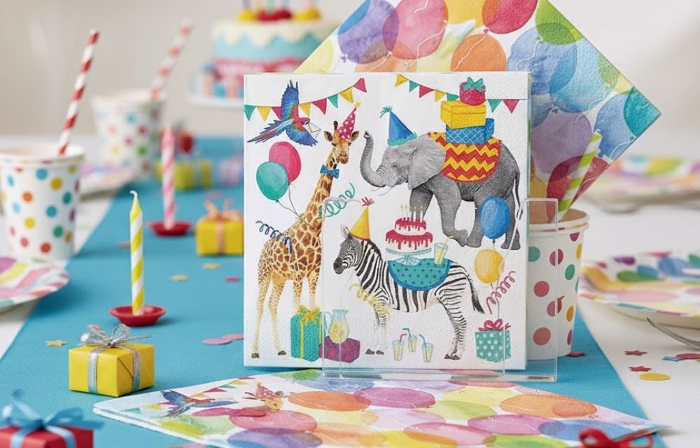 Fröhliche Tischdekoration für einen Kindergeburtstag mit Servietten, die eine Giraffe, einen Elefanten und ein Zebra mit Geschenken zeigen.