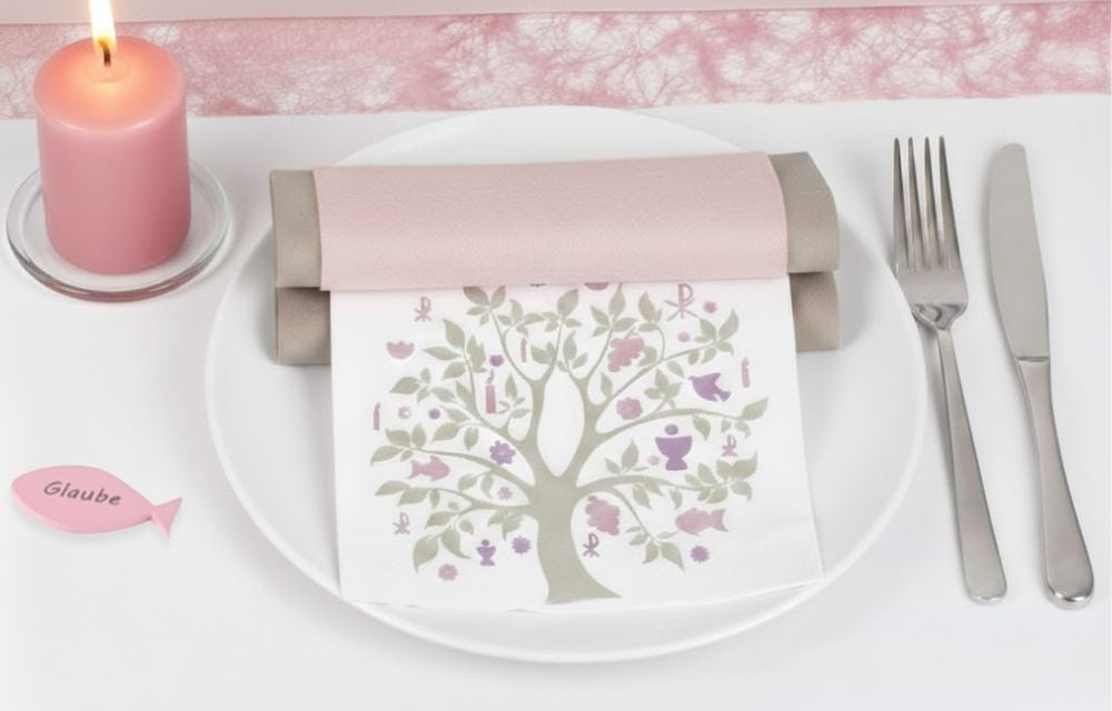 Festliche Tischdeko zur Konfirmation mit Kerze und Serviette, die einen Lebensbaum in Rosa-Grau-Tönen zeigt.