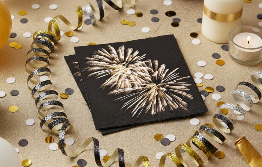 Festlich gedeckter Tisch mit Servietten mit Feuerwerksmotiv, umgeben von goldenen, schwarzen und silbernen Luftschlangen, Konfetti und Ballons.
