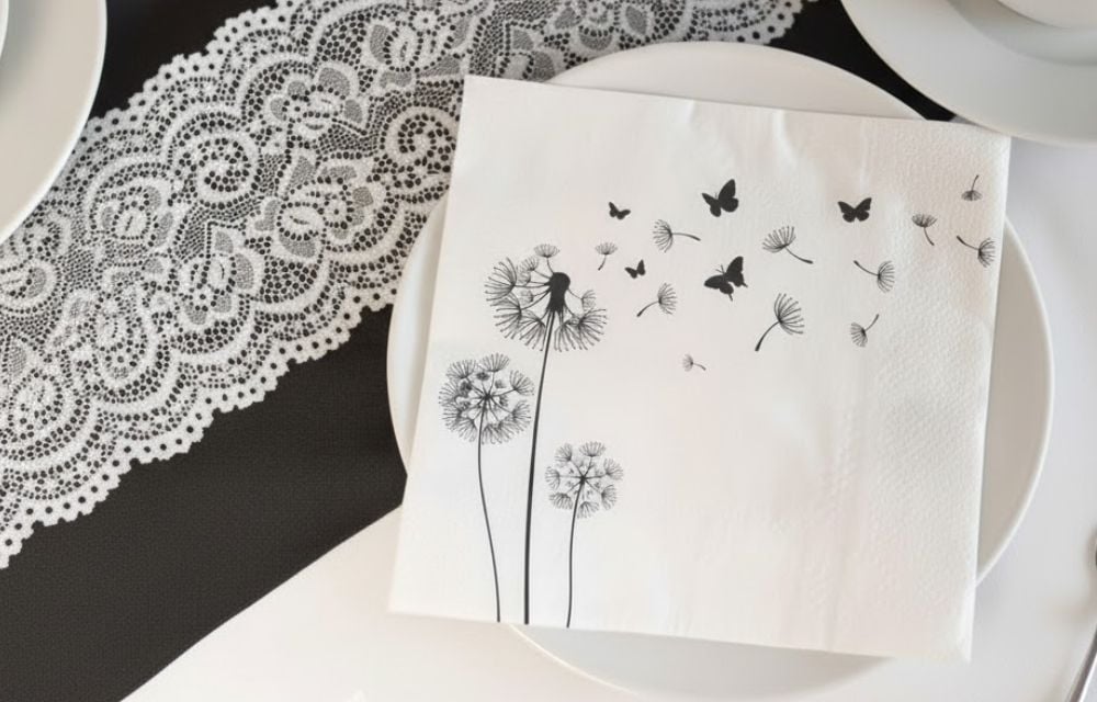 Stilvolle Tischdekoration zur Trauerfeier mit einer Serviette, die Pusteblumen, fliegende Samen und Schmetterlinge zeigt.