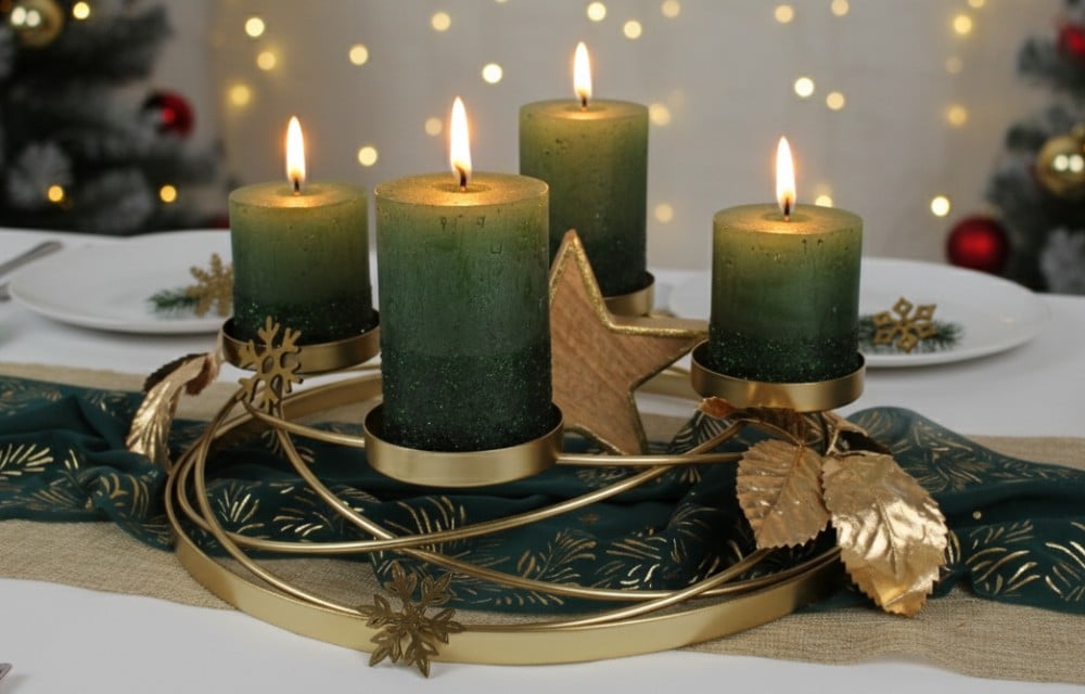 Adventskranz mit vier brennenden, dunkelgrünen Kerzen in Gold. Festliche Tafel-Deko vor dezent beleuchtetem Weihnachtshintergrund. Warm und stimmungsvoll.