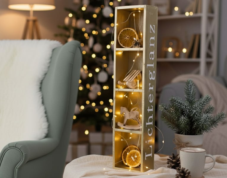 Eine hohe, goldene Deko-Holzbox mit vier beleuchteten Fächern, gefüllt mit weihnachtlichen Elementen wie getrockneten Orangenscheiben und Holzspielzeug. Auf der Säule steht vertikal 'Lichterglanz'. Im Hintergrund ein Weihnachtsbaum mit Lichtern.