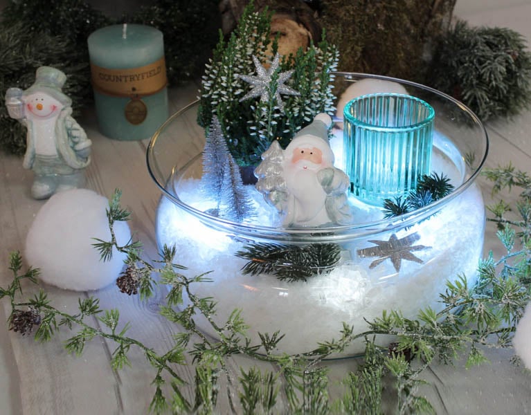 Dekobeispiel Winterzauber mit Glasschale, LED und Kunstschnee.