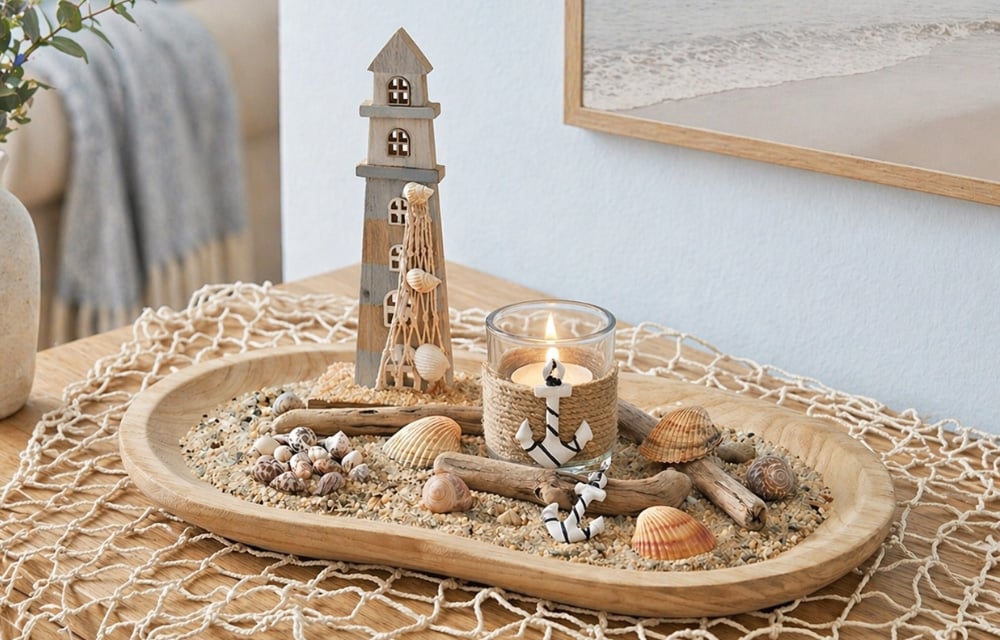 Maritime Tischdeko mit Leuchtturm, Muscheln und Kerzenglas auf Holztablett. Dezentes Meeresbild an der Wand im hellen Wohnraum.