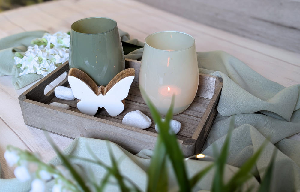 Dekoidee Frühling Tablett mit Windlichtern