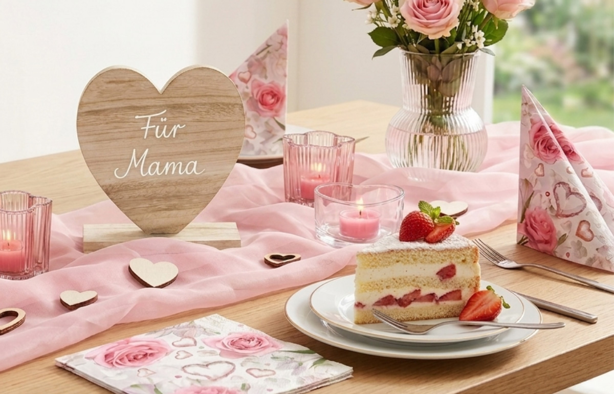 Liebevolle Tischdeko zum Muttertag in Rosa mit Erdbeerkuchen, Rosen-Servietten und Holzherz mit Schrift -Für Mama- auf einem hellen Holztisch.