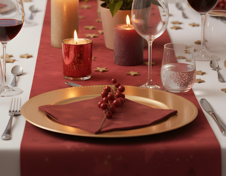 Festliche Weihnachts-Tischdeko in Gold und Weiß: Platzteller, Stoffservietten, Besteck und Lichterkette.