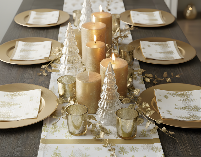 Festliche Weihnachts-Tischdeko in Gold und Weiß: Platzteller, Weihnachtsservietten, passender Tischläufer und goldene Kerzen