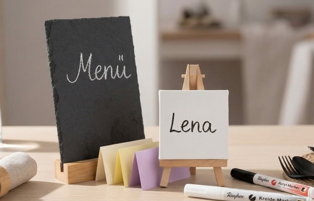 3 Tischkarten, eine kleine weiße Leinwand auf einer Holzstaffelei als Tischkarte, daneben eine Schiefertafel mit der Aufschrift Menü.