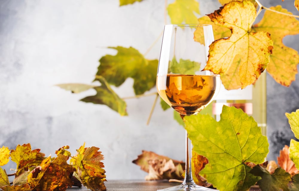 Herbstlicher Weingenuss: Ein Glas Roséwein umgeben von bunten Weinblättern, ideal für Ihre Weinfest-Deko.