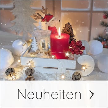 Neue Weihnachtsdekoration: Rentier, Kerze und Lichterkette festlich arrangiert.
