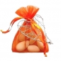 Gastgeschenk Mandelsäckchen Organza in Orange mit Herz in Silber.