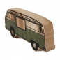 Holz Retro Bus in Olivgrün, Hellbraun und Schwarz, 15 cm.