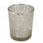 Kleines Teelichtglas mit Aztekenmuster in Silber matt, innen silber verspiegelt.