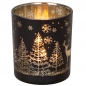 Teelichtglas Winterwald mit Hirsch in Schwarz/Gold verspiegelt, 78 mm, mit angezündetem Teelicht.
