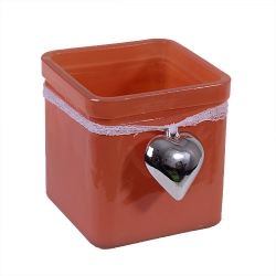 Vierkant Kerzenglas in Apricot mit Herz in Silber