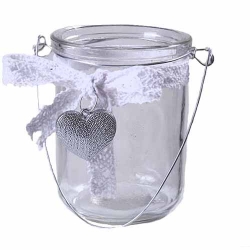 Kleines Teelichtglas mit Häkelschleife und Herz Ornament