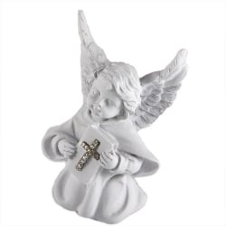 Engel kniend mit Buch und Glitzerkreuz in Weiß.