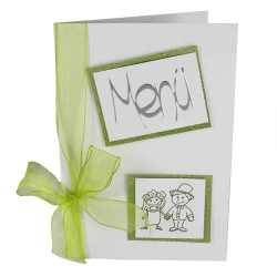 Menükarte Hochzeit, Brautpaar in Weiß/Grün