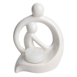 Skulptur Teelichthalter Mutter mit Kind aus Keramik in Weiß, 14 cm