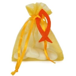 Gastgeschenk Mandelsäckchen Organza in Gelb mit Fisch in Orange