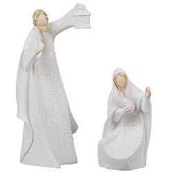 Krippenfiguren Heilige Familie, modern in Weiß mit Glitzer