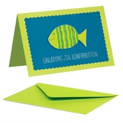 Einladungskarte Konfirmation Fisch mit Streifen in Grün/Petrol
