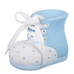 Keramik Babyschuh Spardose zur Taufe in Hellblau, 90 mm