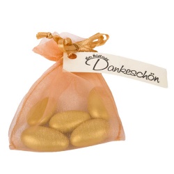 Gastgeschenk Mandelsäckchen Organza in Gold mit Dankeskarte in Creme