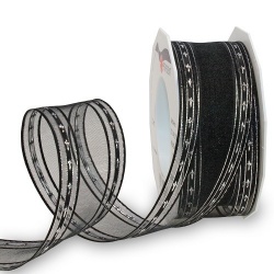 20 Meter Tischband Palma mit Kreuzen in Schwarz Silber, 40 mm 20 Meter Tischband Palma mit Kreuzen in Schwarz Silber.