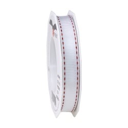 15 Meter Tischband, Geschenkband Stitches in Weiß/Rot-Metallic, 15 mm